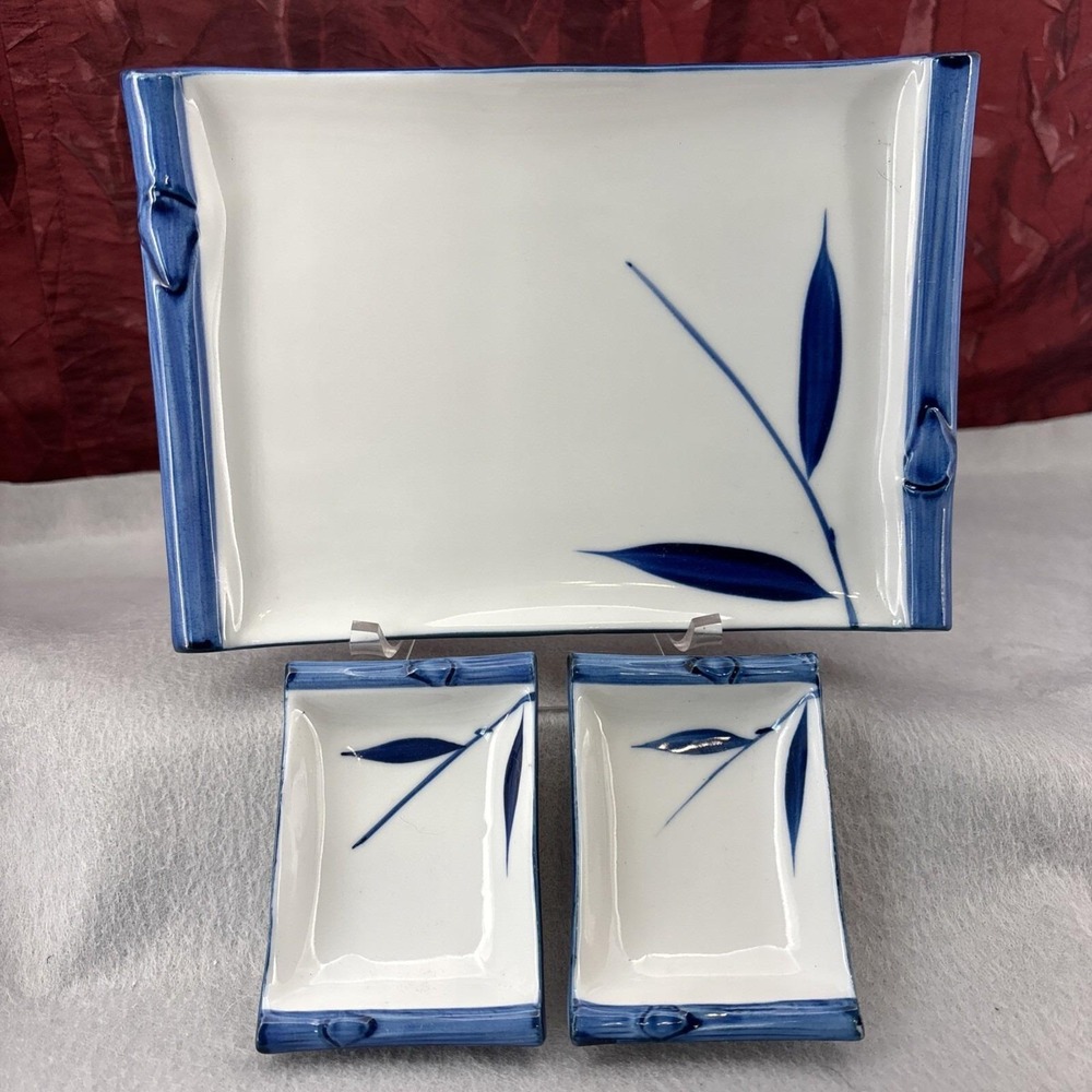 Vintage‎ Blue & White BAMBOO Design Sashimi Plate & Sauce Dishes 1970s Japan 3pc